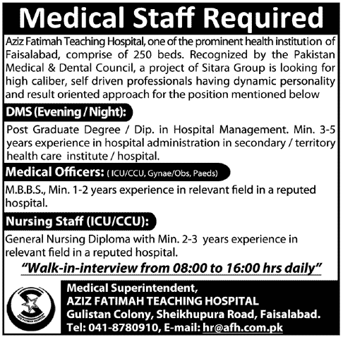 Aziz Fatimah Teaching Hospital Requires Medical Staff