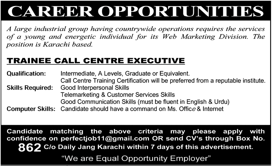 Trainee Call Centre Executive Required by an Industrial Group