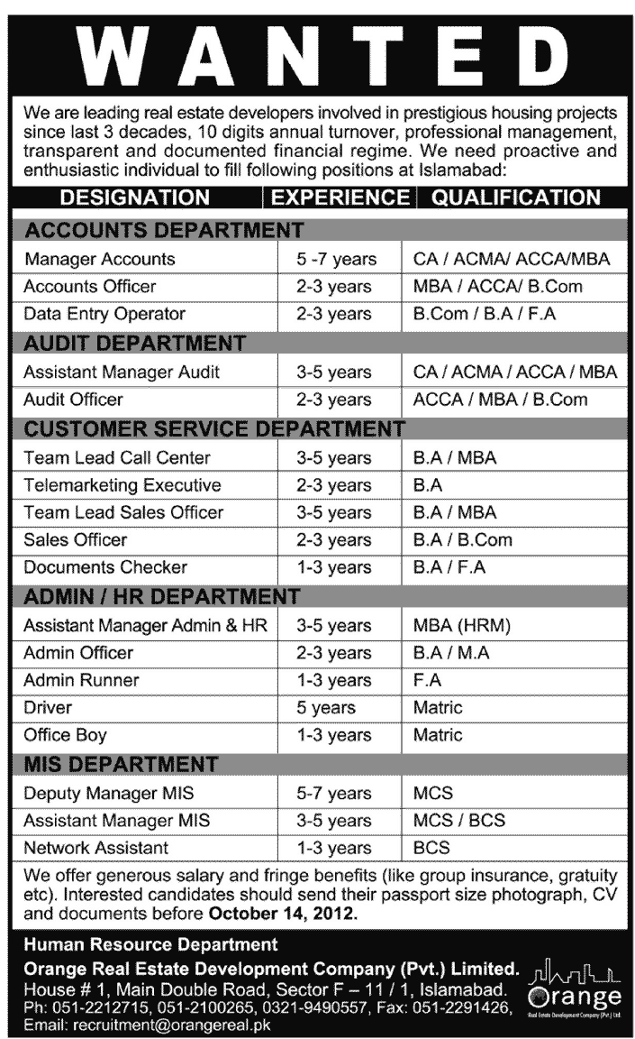 Orange Real Estate Development Company Requires Staff