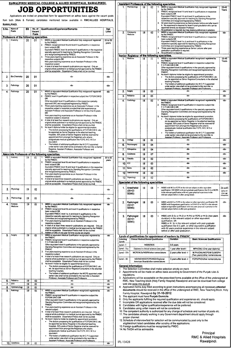 RMC Rawalpindi Medical College & Allied Hospitals Requires Teaching Faculty (Government Job)