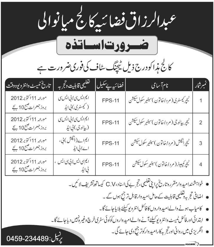 Teaching Staff Required at Abdul Razzaq Fazaia College (Government Job)