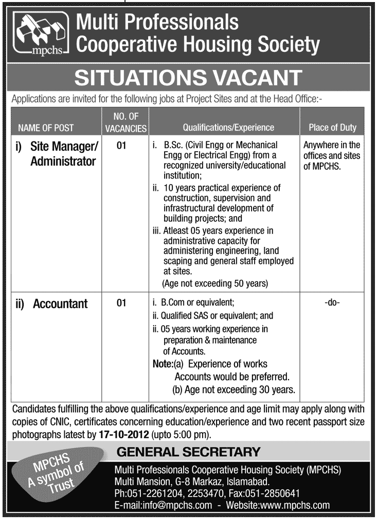 Multi Professionals Cooperative Housing Society (MPCHS)  Requires Site Manager and Accountant