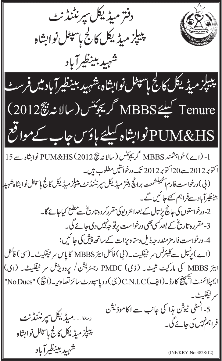 People's Medical College Hospital, Nawabshah, Shaheed Banazir Abad House Jobs