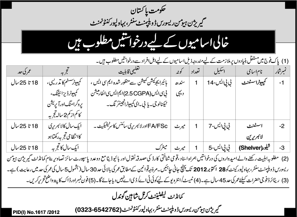 Jobs in Garrison Human Resource Developement Centre, Bahawalpur Cantonment