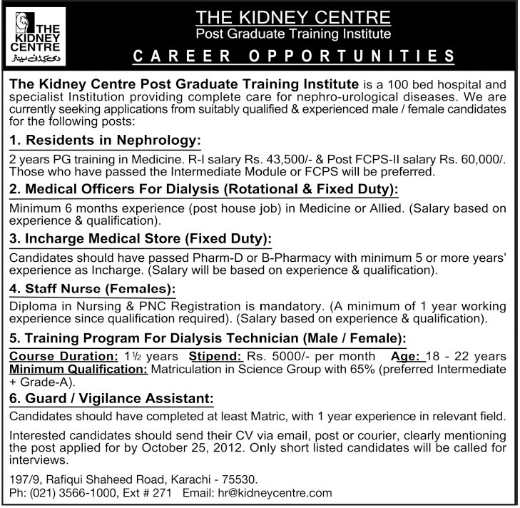 The Kidney Centre Post Graduate Training Institute Career Opportunities