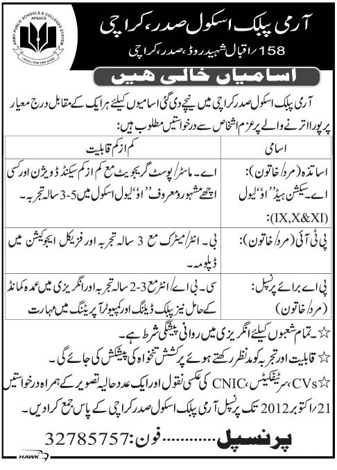 Jobs in Army Public School, Saddar, Karachi