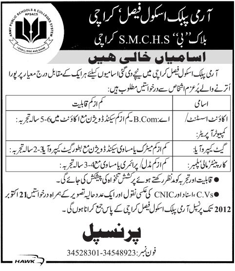 Jobs in Army Public School, Faisal, Karachi