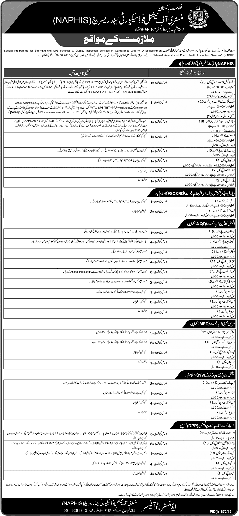 Jobs in Ministry of National Food Security & Research (NAPHIS)