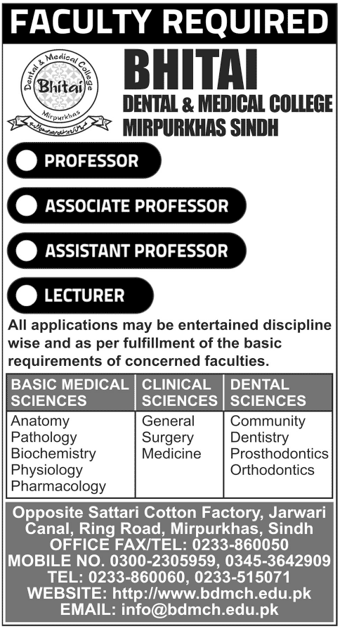 Faculty Required by Bhitai Dental and Medical College, Mirpurkhas, Sindh