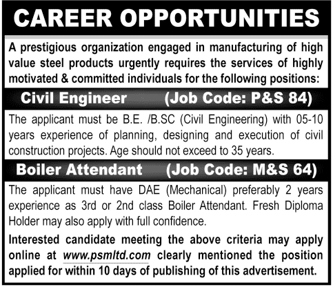 Civil Engineer and Boiler Attendant Jobs