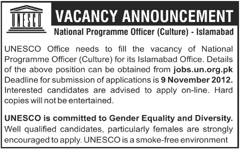 Vacancy Announcement in National Programme Officer (Culture) - Islamabad