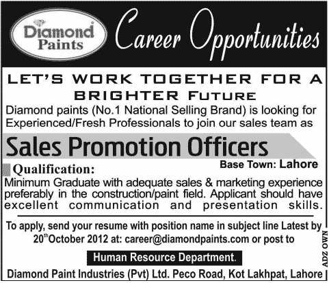 Diamond Paints Requires Sales Promotion Officer