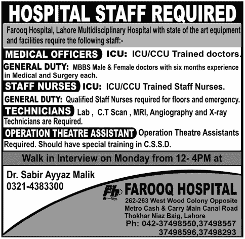 Hospital Staff Required by Farooq Hospital, Lahore