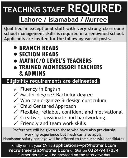Teaching Staff Required