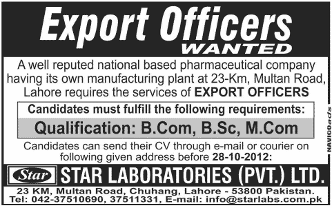 Export Officer Job in Pharmaceutical Company