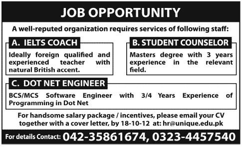 IELTS Coach, Student Councelor, and DOT NET Engineer Required