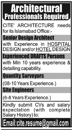 Architectural Professionals Required for Islamabad Office