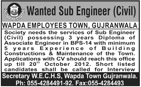 Sub Engineer Required in Wapda Employees Town, Gujranwala
