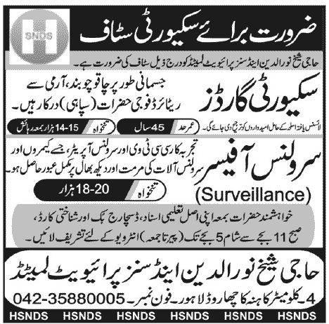 Secuirty Staff Required in Lahore