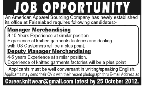 Manager and Deputy Manager Job in American Company