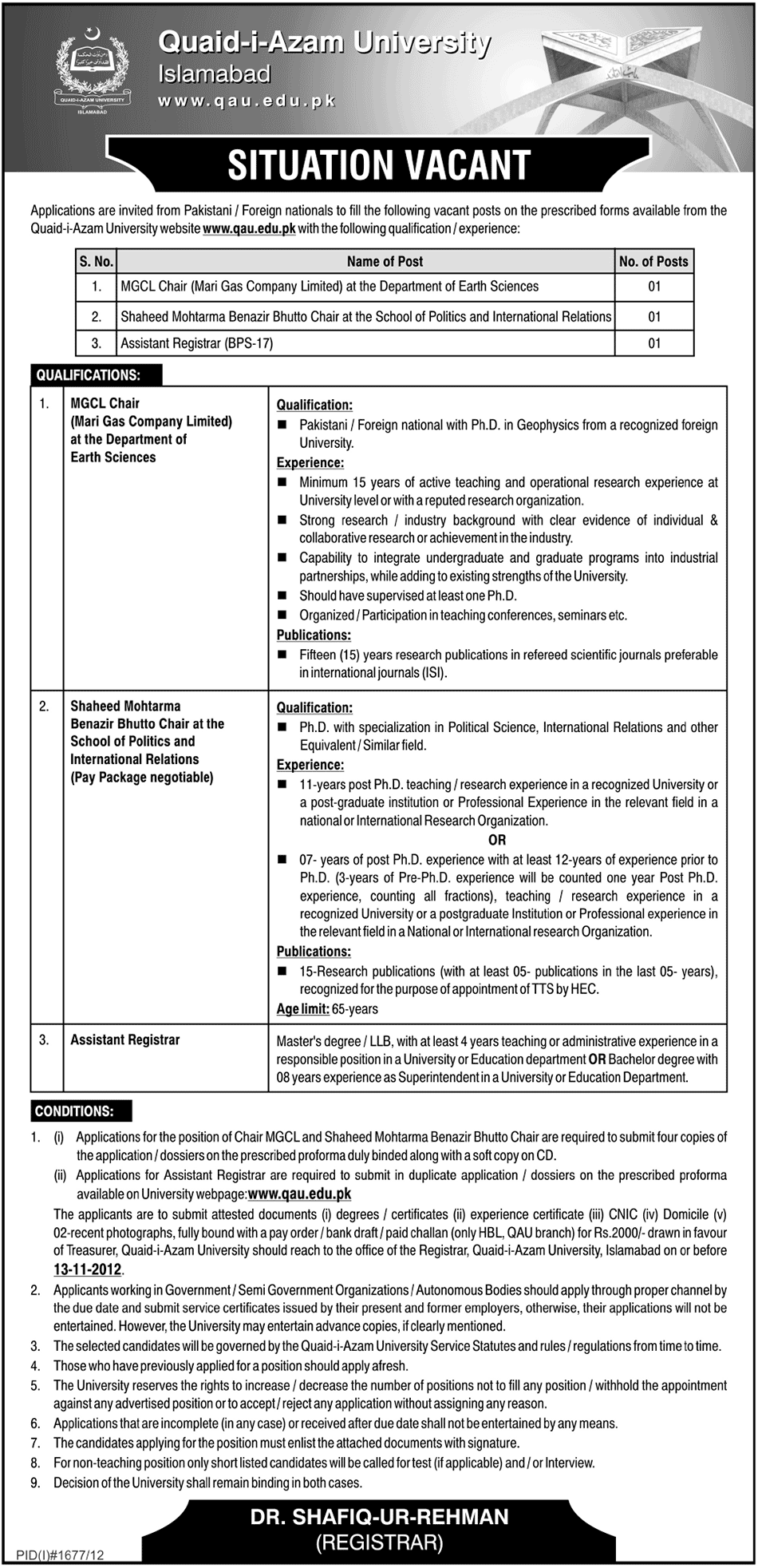 Jobs in Quaid-i-Azam University