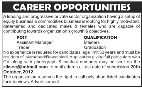 Assistant Manager and Trader Jobs in Islamabad Rawalpindi