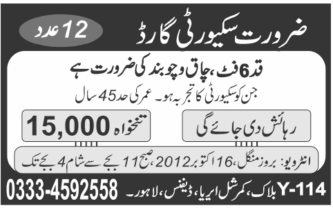 Security Gaurds Required in Lahore