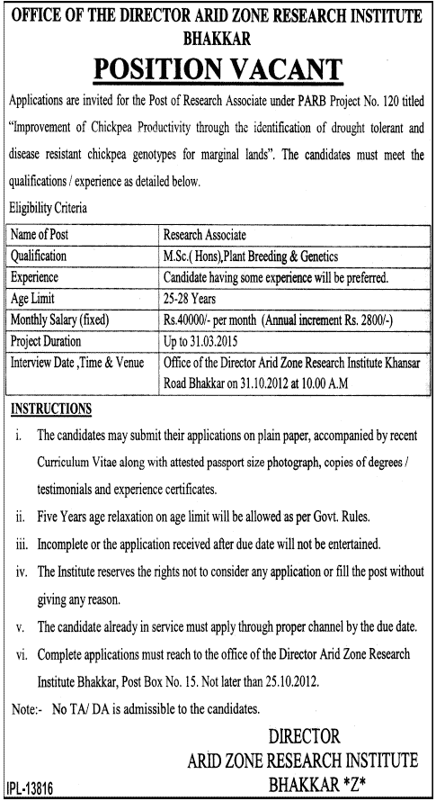 Office of the Director Arid Zone Research Institute Bhakkar