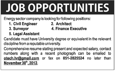 Energy Sector Company Requires Civil Engineer, Architect and Other Staff