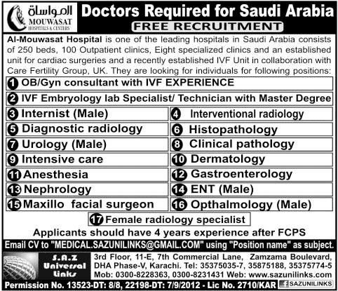 Doctors Required for Saudi Arabia