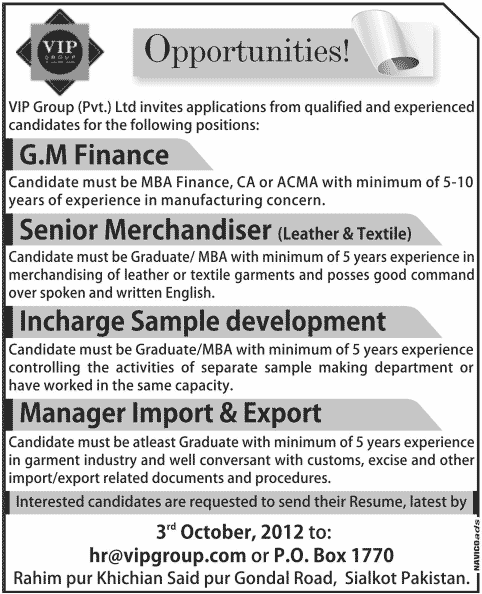 Jobs in VIP Group (Pvt.) Ltd