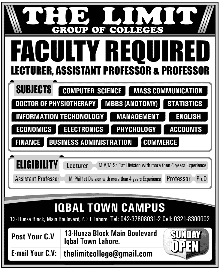 Faculty Required in The Limit Group of Colleges