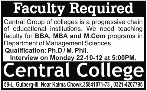 Faculty Required in Central Group of Colleges