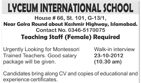 Teaching Staff Required