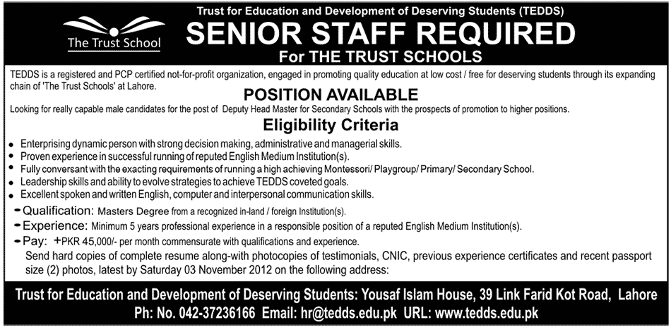 Senior Staff Required