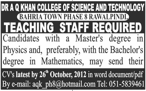 Teaching Staff Required