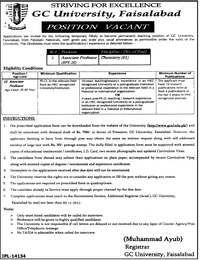 GC University (GCU), Faisalabad Faculty Jobs