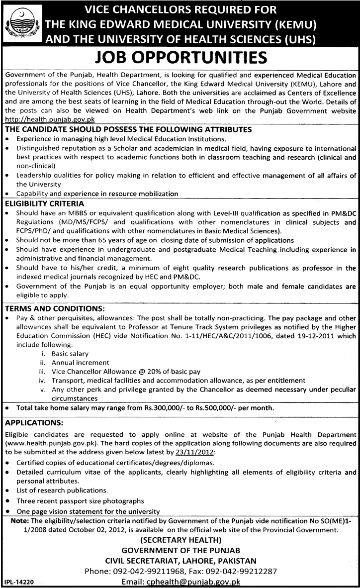 Vice Chancellors Required for The King Edward Medical University and University of Health Sciences