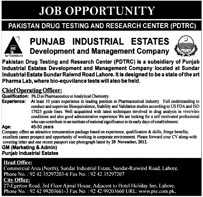 Chief Operating Officer Required in Punjab Real Estates Development Management Company