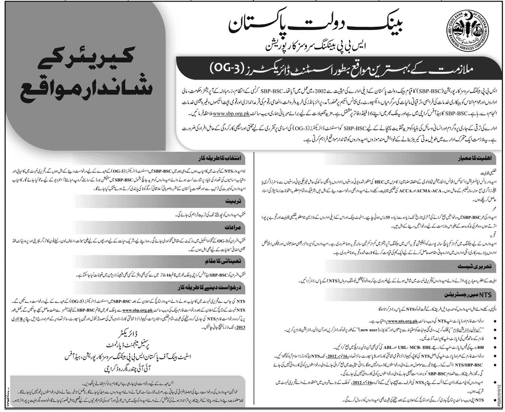 State Bank of Pakistan SBP Requires Assistant Directors (OG-3)