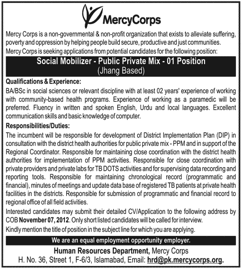 Social Mobilizer Job in Mercy Corps NGO