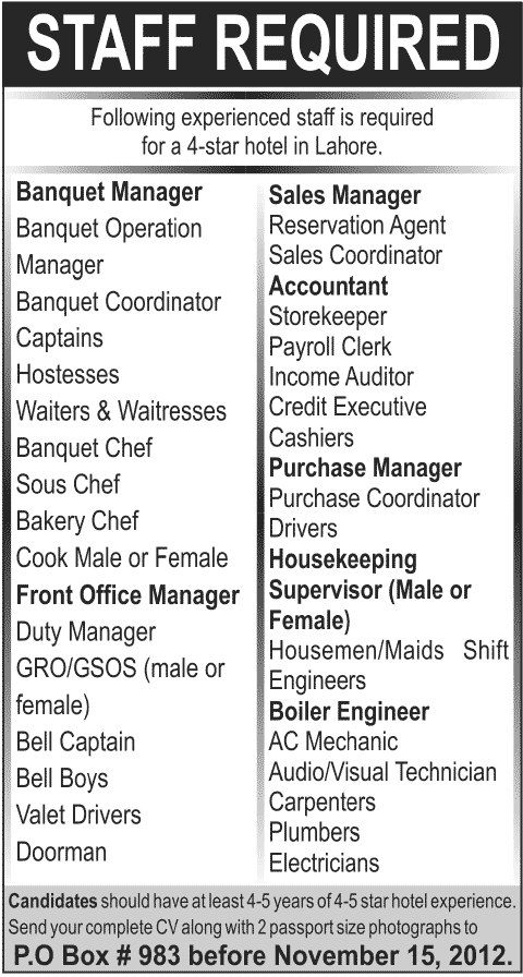 A 4-Star Hotel in Lahore Requires Staff - 4-Star Hotel Jobs - P.O Box 983