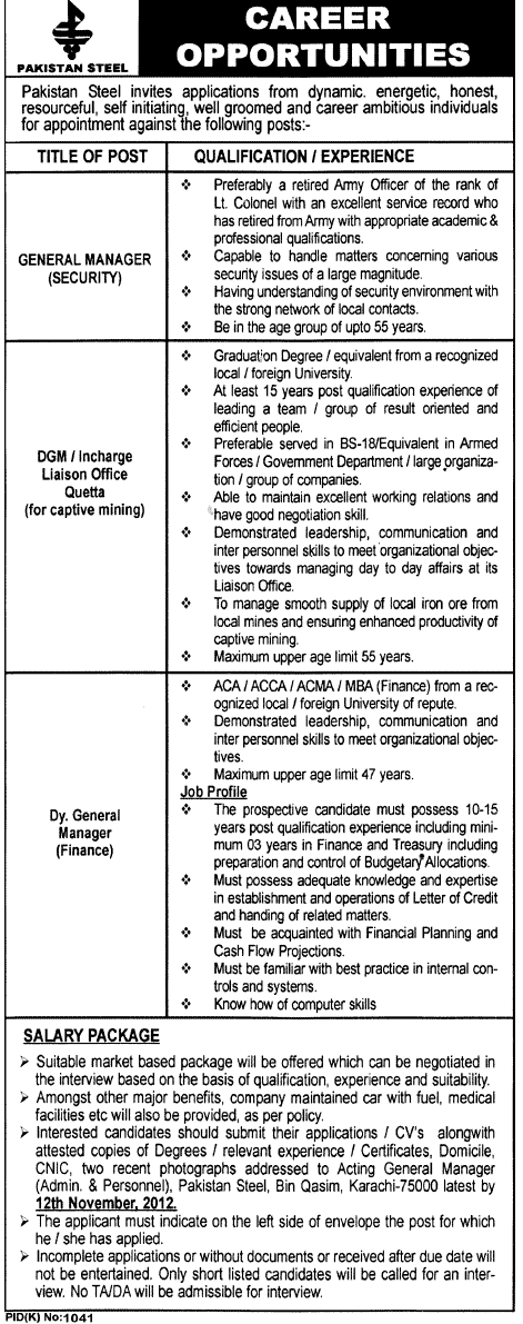 Pakistan Steel Requires General Manager & Deputy General Managers