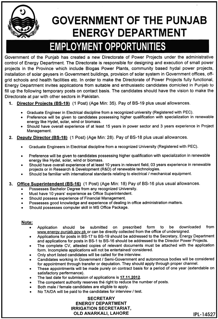 Energy Department Government of Punjab Jobs