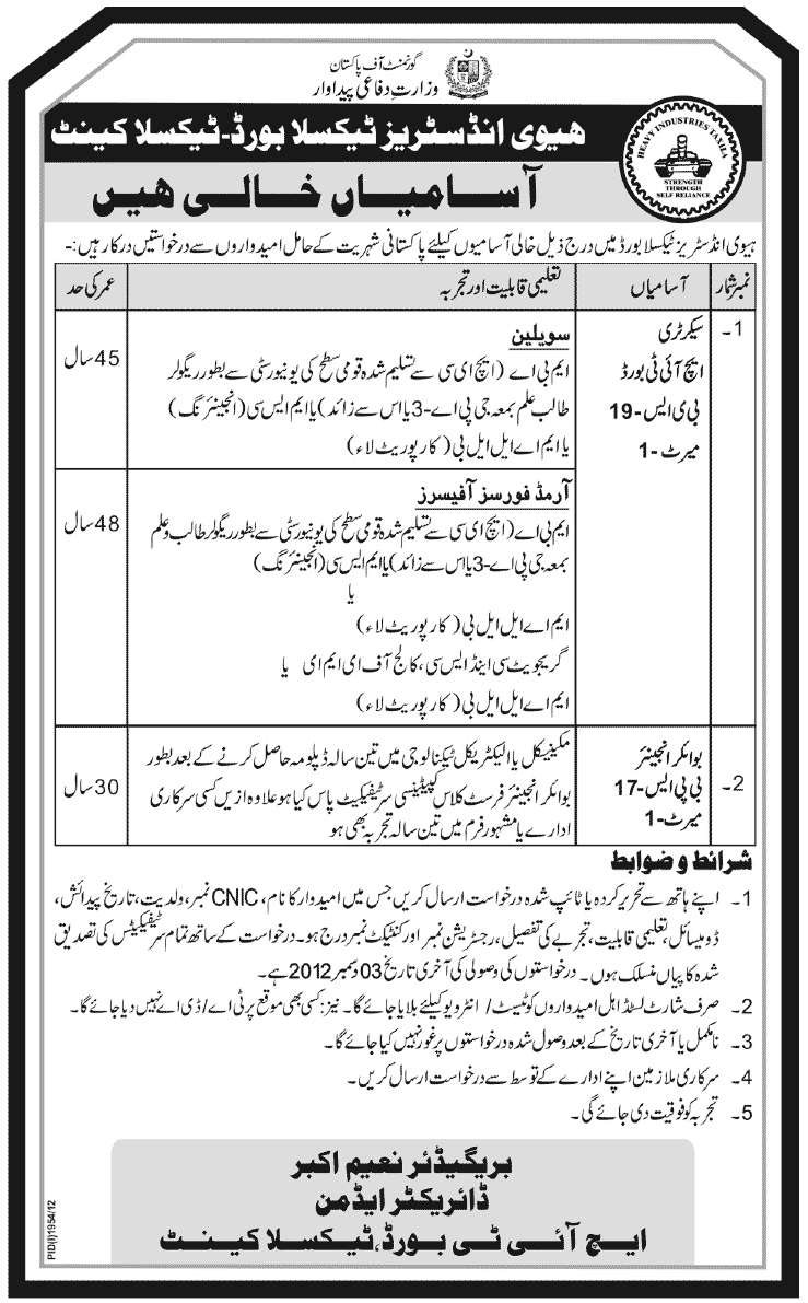 Secretary HIT Board & Boiler Engineer Jobs in Heavy Industries Taxila (HIT) Board