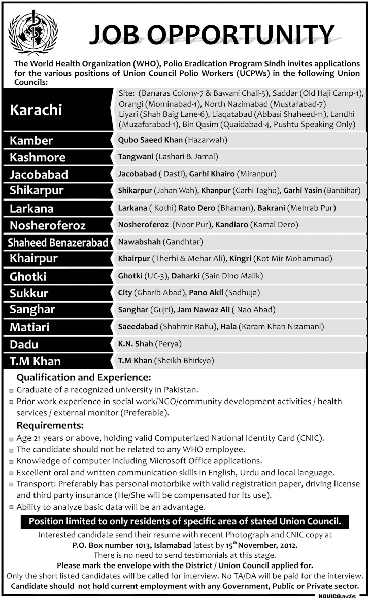 WHO Jobs Pakistan Sindh