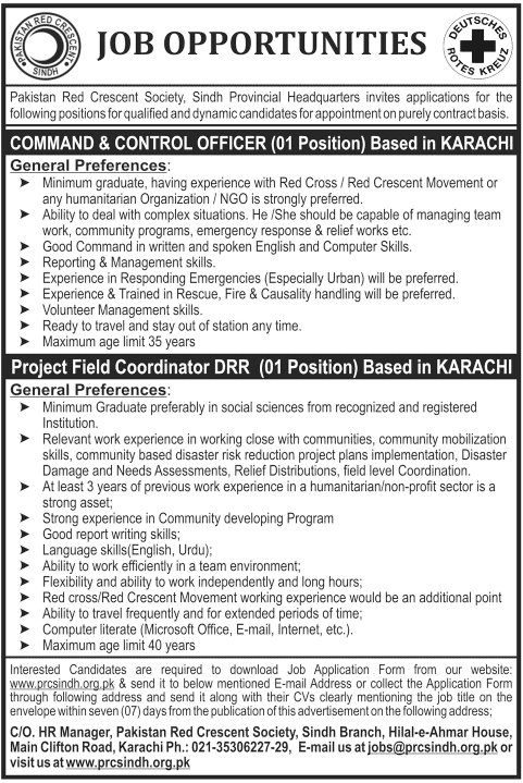Pakistan Red Crescent (PRC) Society Sindh Jobs