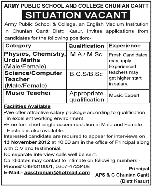 Army Public School & College (APSC), Chunian Cantt Requires Teachers