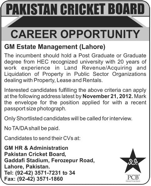 Pakistan Cricket Board (PCB) Requires GM Estate Management Lahore