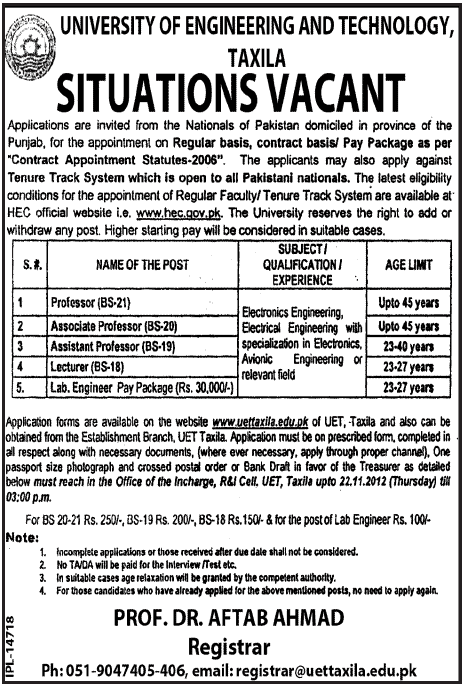 Faculty Jobs in University of Engineering and Technology (UET), Taxila